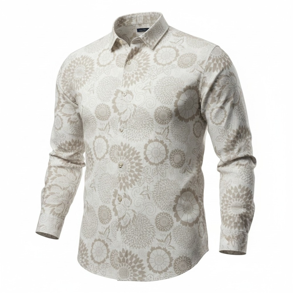 Perry Ellis Button Down Shirt Mens 2XLT White Tan Floral Linen Long Sleeve